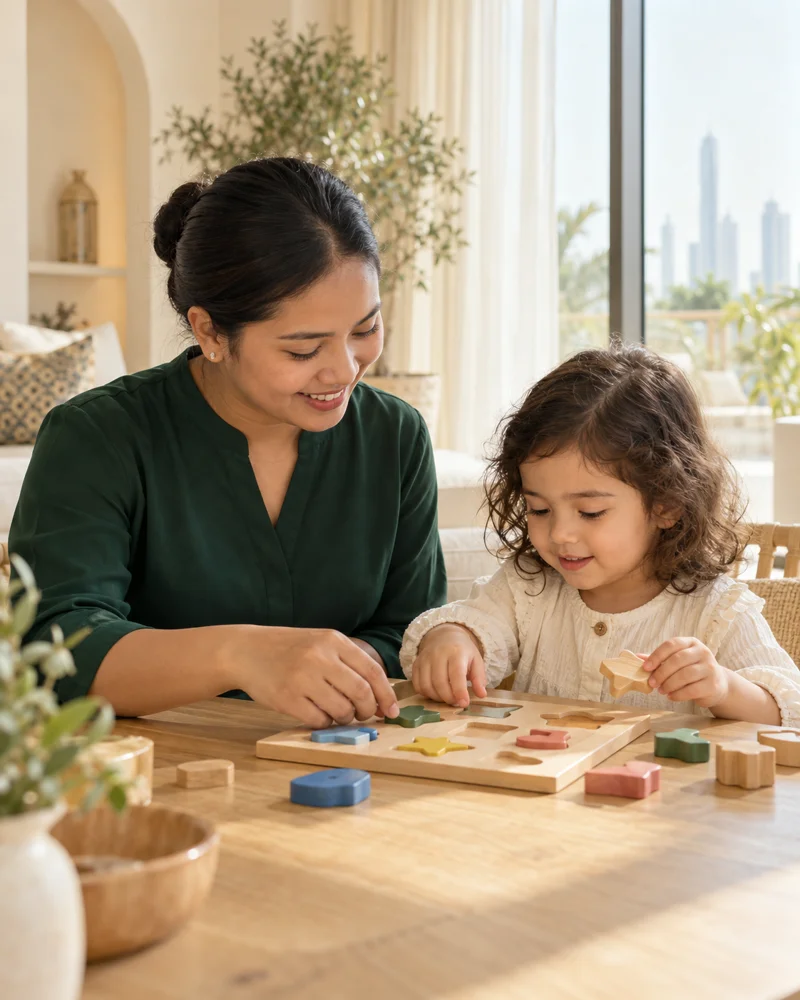 A nanny and child sharing a quiet moment over a puzzle at home